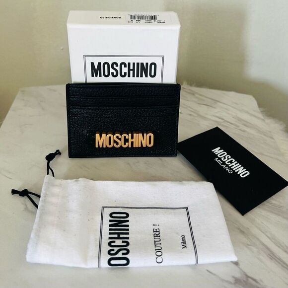 MOSCHINO Logo Leather Card Case, Designer Italian Luxury Wallet, Black Gold, NWT - Picture 10 of 13